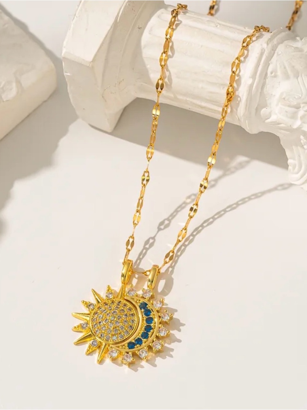 Gold Sun & Crescent Moon Pendant Necklace with Blue Accents